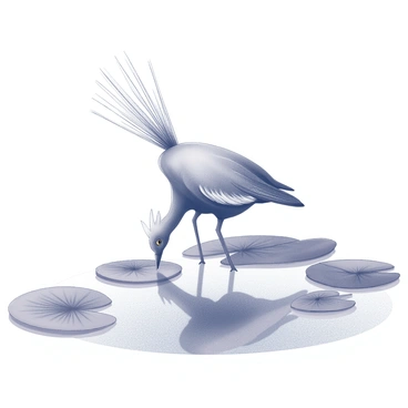 A lyrebird, with its distinctive tail feathers displayed elegantly, is positioned near the edge of a tranquil pond. The bird leans down to take a drink from the clear water. Surrounding the pond are several lily pads, featuring round, broad leaves that float on the surface. The scene captures the natural habitat of the lyrebird, with reflections of the surroundings shimmering lightly on the water's surface.
