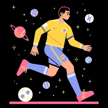 Cristiano Ronaldo is depicted in a dynamic pose, dribbling a soccer ball through the void of space. He wears a vibrant soccer kit featuring bright colors and bold patterns. Around him, various planets of different sizes and colors float in the background, alongside clusters of twinkling stars. The soccer ball has a distinct design, with eye-catching graphics, as it moves through the stars. The scene captures the excitement of the game, contrasting the sport with the vastness of the cosmos.