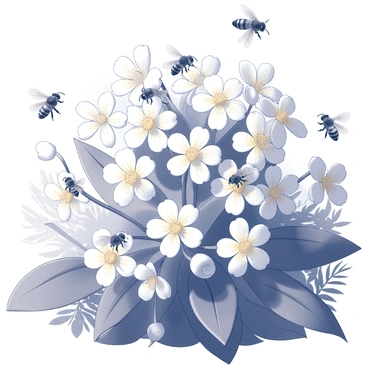 A variety of bees are actively buzzing around multiple flowers of a coffee tree. The coffee tree is adorned with clusters of white flowers, each with five petals and yellow stamens. The garden is filled with lush green foliage and various plants in the background. Bright sunlight casts intricate shadows, highlighting the lively nature of the scene. The bees are shown in different positions, some hovering near the flowers while others are perched on the petals, collecting nectar.