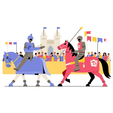 Two cartoon knights in a jousting tournament are positioned on horseback in a medieval setting. The first knight, clad in shiny blue armor with a large crest on his helmet, holds a lance aimed at his opponent. The second knight, wearing vibrant red armor adorned with a dragon emblem, prepares for the charge with a determined expression. In the background, a cheering crowd watches with colorful banners waving in the breeze. A castle with tall towers and flags can be seen in the distance, completing the scene.