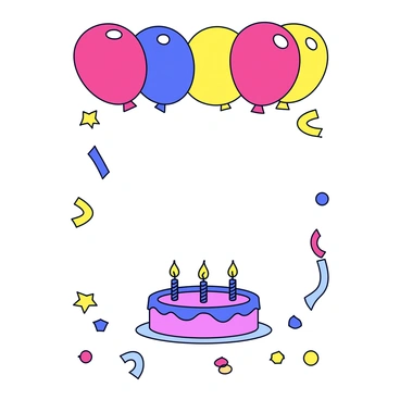A birthday invitation with a bright, multi-colored design. The top of the invitation features several balloons in different shapes and colors, including red, blue, and yellow. In the center, there is an illustration of a round birthday cake with purple frosting and three lit candles on top. Surrounding the cake is a scattering of colorful confetti in various shapes, including stars and circles. The overall layout is eye-catching and festive.