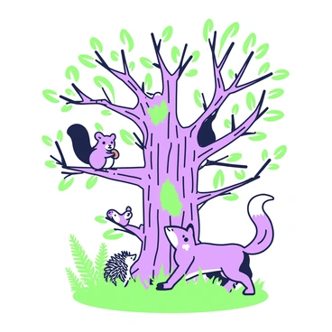 Woodland creatures are gathered around a large, ancient tree that has a thick trunk and sprawling branches. There is a fox sitting at the base of the tree, looking curiously at the scene. A squirrel is on a low branch, holding an acorn, while a hedgehog is nestled in the grass nearby. Birds perch on the branches, singing. The surrounding area features various ferns and small flowers, creating a lively atmosphere. The ancient tree’s bark is textured, showing signs of age with deep grooves and patches of moss.