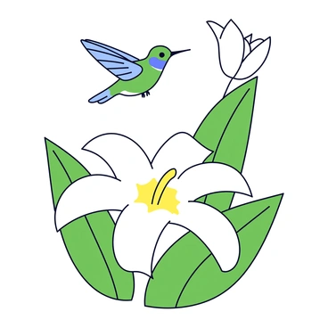 A tiny hummingbird with iridescent green feathers is hovering near a white lily flower. The bird is poised in mid-air, its wings a blur of motion. The lily has delicate petals with a soft sheen, and its bright yellow stamen is clearly visible in the center. The background features lush green leaves, creating a vibrant contrast with the flower and bird.