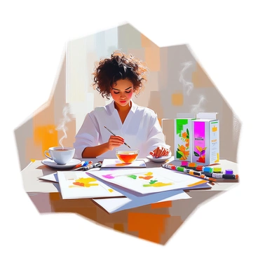 An illustrator with light skin and curly hair is seated at a wooden table, focused on her work as she creates vibrant packaging designs for a range of gourmet teas. She has an array of colored markers, paints, and brushes surrounding her. On the table, several sheets of paper display sketches of tea boxes adorned with bright botanical illustrations and elegant typography. The illustrator is holding a paintbrush in one hand, while her other hand rests on a colorful design featuring "Gourmet Herbal Blend." A cup of steaming tea sits nearby, adding an element of warmth to the scene.