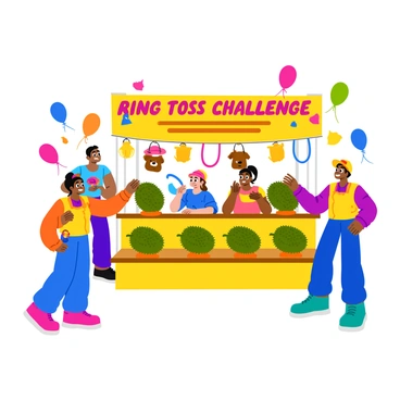 A vibrant funfair stall game featuring colorful decorations. The stall showcases a large banner reading "Ring Toss Challenge" in bold, playful letters. Below the banner, several spiky green durians are arranged on a wooden table, each placed on a small pedestal. Participants, a diverse group of friends, take turns tossing bright, colorful rings towards the durians. The atmosphere is filled with excitement, and several plush prizes, including teddy bears and colorful hats, hang from hooks above the stall. A cheerful game attendant encourages the players, wearing a bright cap and a friendly smile. Brightly colored balloons float in the background, enhancing the festive mood.