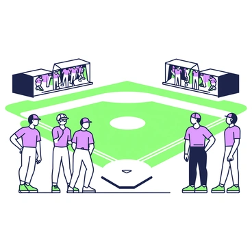Players from different teams are standing on a baseball field before a big tournament. In the foreground, a group of players wearing distinct uniforms are engaged in friendly conversation. To the left, one player is adjusting his cap, while another is stretching with a focused expression. In the background, there are two dugouts filled with more players, some looking toward the field and others preparing equipment. The bases are clearly marked, and the pitcher's mound is visible at the center, surrounded by freshly cut grass. The sun casts long shadows across the field, emphasizing the players' anticipation.
