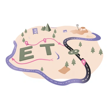 A digital flat illustration featuring a road map with a clearly marked route that forms the letters "ETF". The route is depicted in a bold, bright color, standing out against the muted background of the map. The map includes various geographical landmarks such as small mountains, rivers, and clearings. There are road signs along the way indicating directions, and the final destination is marked with a star icon. The surrounding area includes trees and small buildings, adding context to the landscape.