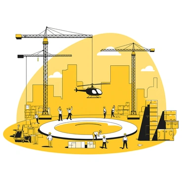 A helicopter pad marked clearly on the ground of a busy construction site. Surrounding the pad are several tall cranes, their arms extended as they lift materials. Numerous workers are present, some wearing hard hats and safety gear, actively engaged in various tasks. A large stack of construction materials, such as steel beams and concrete blocks, is visible nearby. In the background, partially constructed buildings rise high, and the sky is filled with a few clouds.