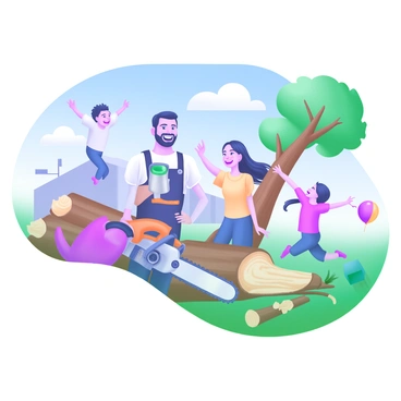 A family gathered in their backyard, smiling and celebrating after a successful tree removal. In the center, a man holds a chainsaw, grinning with pride. Beside him, a woman is giving him a thumbs-up, while two children jump in excitement, one of them holding a colorful balloon. The area around them shows the remnants of the tree, with logs and branches scattered on the grass. A clear blue sky above complements the cheerful atmosphere of the moment.