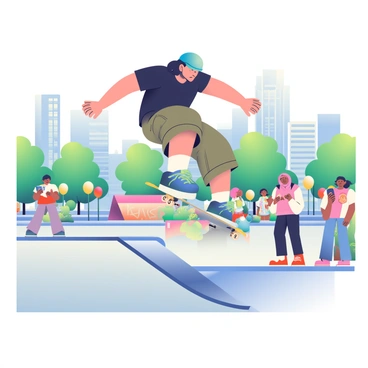 A skateboarder with dark hair wearing a blue helmet is performing an ollie in the air above a half-pipe. He is dressed in a black T-shirt and loose-fitting cargo shorts, with colorful sneakers. Below him, the skate park is bustling with activity, featuring several ramps, rails, and graffiti-covered walls. In the background, there are onlookers watching intently and some holding their phones to capture the moment. Trees and tall buildings frame the scene, enhancing the vibrant atmosphere of the downtown area.