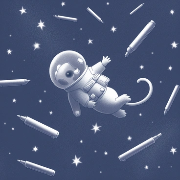 A vast expanse of outer space filled with numerous "pens" scattered across the scene, each pen resembling a bright star against the dark backdrop of the galaxy. In the foreground, a "mouse astronaut" is floating gracefully, wearing a detailed space suit complete with a helmet. The little astronaut appears curious, gazing at the surrounding pens that twinkle like stars. The mouse's tail trails behind as it glides through the cosmos, with the intricate designs of the pens creating a whimsical celestial atmosphere.