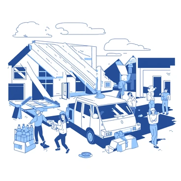 A group of people is working together in a neighborhood to prepare for an impending hurricane. Several individuals are seen boarding up windows with large wooden planks, securing them tightly with nails. Nearby, others are unloading boxes of supplies from a van, including bottled water, non-perishable food items, and flashlights. Children are helping by carrying smaller items, while adults communicate and organize the efforts. The sky above is cloudy, hinting at the approaching storm. The atmosphere is filled with a sense of urgency as everyone collaborates to protect their homes and each other.