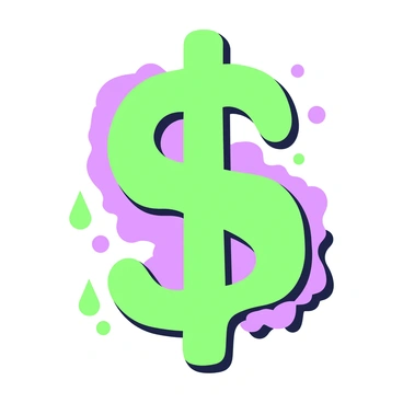 A white canvas displays a vibrant paint splash that has formed the shape of a dollar sign. The splash consists of multiple curves and angles, creating a dynamic and fluid appearance. The edges of the splash are irregular, emphasizing the movement of the paint. The dollar sign is clearly defined, standing out prominently against the white background. There are droplets of paint that have splattered outward from the main shape, adding to the sense of energy in the composition.