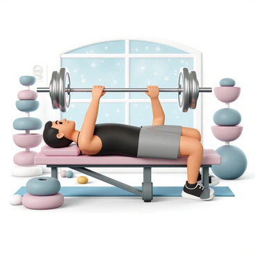 A person, wearing a black tank top and gray shorts, is lying on a bench press, lifting a shiny silver barbell with heavy weights on each side. The person's muscles are defined and their expression shows concentration. They are surrounded by gym equipment, including dumbbells and a mat, in a cozy gym setting. A large window behind them reveals snow gently falling outside, while the interior is warm and inviting, with wooden beams and soft lighting.