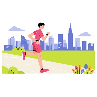 A runner wearing a bright red athletic outfit is in motion on a paved path with greenery on either side. In the distance, a sprawling city skyline is visible, featuring tall, shiny skyscrapers and a few scattered clouds in the blue sky above. The runner has short black hair and looks focused, with a watch on their wrist, tracking their pace. The foreground includes a few colorful flowers lining the path, adding vibrancy to the scene.