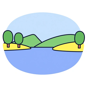 A lakeside view featuring calm waters reflecting a clear blue sky. On one side, there are green trees with simple, smooth outlines. The lake is surrounded by gently sloping hills that have bold color blocks of green and yellow. The scene is bright and inviting, focusing on the natural beauty of the landscape.