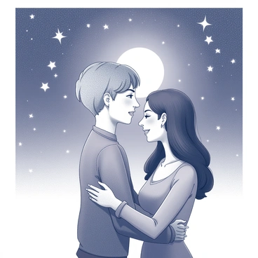 Two individuals are leaning in closely to each other, their faces illuminated by soft moonlight. Each person has a playful expression, with subtle smiles that suggest a shared secret. They are standing beneath a vast sky filled with stars, which twinkle brightly above them. The setting evokes a sense of intimacy and connection as they engage in this moment together.
