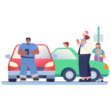 Two drivers are standing beside their cars after a minor fender bender. The first driver is a man with short black hair, wearing a blue t-shirt and jeans, holding a smartphone in his right hand. He is looking at the second driver, a woman with long brown hair tied in a ponytail, who is wearing a white blouse and black pants. She is holding a notepad and a pen, writing down information. Both vehicles are parked on the side of the road, with slight damage to their bumpers. Nearby, a few onlookers are observing the situation, while a street sign is visible in the background.