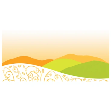 A horizon scene featuring a gradient sky transitioning from soft blue at the top to warm orange near the land. The land below is depicted with rolling hills in various shades of green and gold. Swirling patterns of shapes and textures, reminiscent of decorative motifs, blend together where the sky meets the land. "Sky" and "land" are visually connected through these intricate patterns, creating a sense of unity between the two elements.