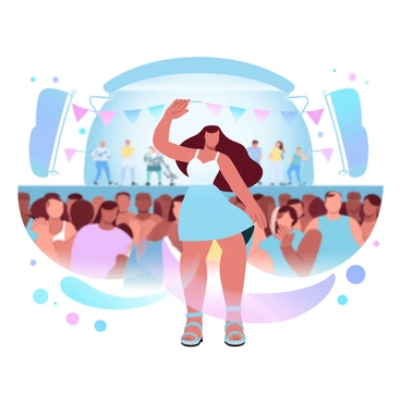 A woman with long flowing hair is standing at an outdoor festival, surrounded by a crowd. She is wearing a colorful sundress and has a cheerful posture while swaying to the rhythm of the music. In the background, a large stage with bright lights hosts a band playing lively music. Colorful banners and flags are fluttering in the breeze around the festival area. People can be seen clapping and dancing, creating a vibrant atmosphere filled with energy.