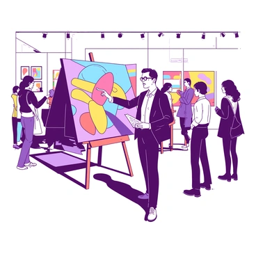 An enthusiastic art curator stands beside a visitor in a busy exhibition space filled with vibrant artwork. The curator is wearing a smart jacket and glasses, animatedly pointing toward a large, colorful abstract painting on the wall. The visitor, dressed casually, is listening intently while holding a brochure. Surrounding them, there are various pieces of art displayed on easels and walls, showcasing different styles and colors. The atmosphere is lively, with other visitors exploring the exhibition in the background, each engaged with the art displays.