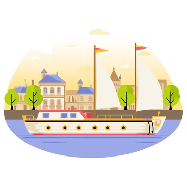 A vintage riverboat cruising along the Garonne River with Bordeaux in the background