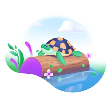 A turtle with a unique "spotted shell" is positioned on a wooden "log" that rests on the edge of a calm body of water. The turtle is basking in the sunlight, with its limbs stretched out to soak up warmth. The "log" is surrounded by lush green "leaves" and delicate "flowers" that add color to the scene. The water reflects the bright blue sky above, enhancing the tranquil atmosphere.