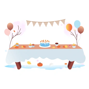 A long table is set outdoors, adorned with autumn-themed decorations including vibrant orange and yellow leaves scattered across the tablecloth. On the table, there is a beautifully decorated cake with colorful frosting, surrounded by small cupcakes in matching colors. Soft banners made of burlap and twine hang from nearby trees, while balloons in shades of brown and gold float gently in the breeze. The ground is covered with fallen leaves, and small pumpkins are placed at intervals along the table. A warm, inviting atmosphere envelops the entire scene.