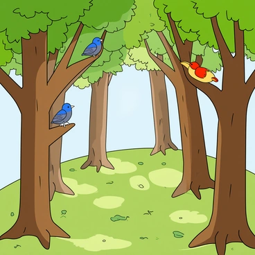 A brightly colored woodland scene filled with tall trees with thick trunks and vibrant green leaves. Several small birds with various colors, such as red, blue, and yellow, are perched on the branches of the trees. Each bird has a distinct shape, with some having rounded bodies and others being more elongated. Sunlight filters through the leaves, creating dappled patterns on the ground covered in soft moss and fallen leaves. The background displays a clear sky, adding to the lively atmosphere of the scene.