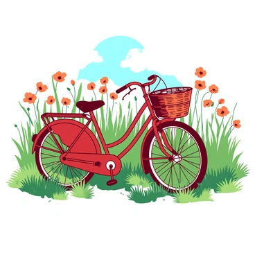 A red vintage bicycle with a sleek frame and a woven basket attached to the front is parked amid a vibrant field filled with tall green grass and bright orange poppies. The poppies sway gently in the breeze, creating a lively contrast with the bicycle. The sun casts a warm glow over the scene, highlighting the intricate details of the bicycle's design. In the background, a soft blue sky can be seen, dotted with a few fluffy white clouds. The overall composition captures a moment of stillness in the midst of nature's beauty.