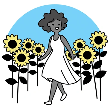 A black woman, wearing a flowing white dress, is walking through a vibrant field of yellow sunflowers. She has a joyful expression on her face, her curly hair flowing freely in the breeze. The sunflowers are tall, with large, bright yellow petals and dark centers, creating a striking contrast against the blue sky. The sunlight illuminates the scene, casting soft shadows on the ground as she steps between the rows of sunflowers.