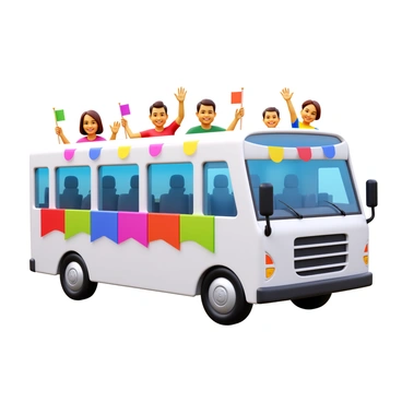 A white bus adorned with colorful decorations for a small-town parade. The bus features vibrant banners and streamers hanging from its windows. Several people are standing on the bus, smiling and waving small flags in various colors. The scene captures the festive atmosphere of the event as onlookers cheer and wave back.