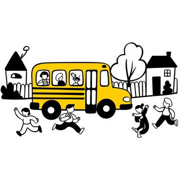 A yellow school bus approaching a suburban neighborhood, with its doors wide open. Several children, wearing backpacks, are running towards the bus with excitement. There are grassy lawns and white picket fences lining the street, and a few trees can be seen in the background. Some of the children are waving their arms while others are laughing. The bus is prominently displayed in the foreground, with the neighborhood houses visible on either side.