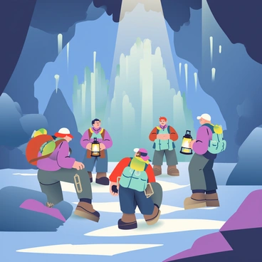 A group of explorers is standing in the Drach Caves of Mallorca, surrounded by impressive rock formations and glowing stalactites. Each explorer is holding a lantern that casts a warm light, illuminating the intricate textures of the cave walls. They are dressed in rugged outdoor gear, with backpacks at their feet. The explorers are positioned in various poses, some crouching to inspect the ground while others gaze upward in awe at the natural beauty above them. The cavern is expansive, with shadows dancing across the surfaces, highlighting the dramatic features of this underground landscape.