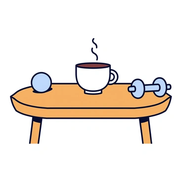 A wooden table set in a bright morning light. On the table, there is a steaming white cup of coffee with a small swirl of steam rising above it. Next to the cup, there is a shiny silver dumbbell resting on the surface. The scene conveys a sense of calm and readiness for the day ahead.