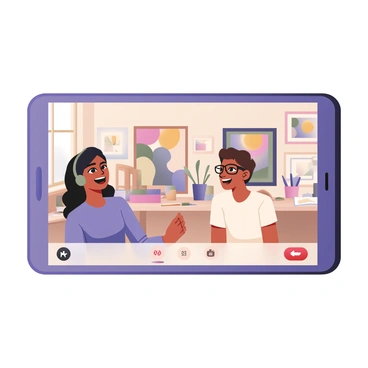 A digital flat illustration of a video call screen. On the screen, a smiling artist with medium skin and long curly hair is sitting in a bright, well-lit room filled with art supplies and colorful paintings in the background. The artist is wearing a blue shirt and has a headset on. Opposite the artist, there is a client with light skin and short brown hair, wearing glasses and a casual white t-shirt, sitting in a cozy home office adorned with plants and framed artwork. The video call interface is visible, displaying icons for mute and camera settings. Both the artist and client have enthusiastic expressions as they engage in a discussion about a vibrant piece of artwork that is visible in the artist's workspace.