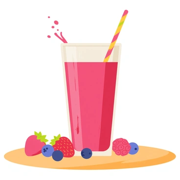 A tall glass filled with vibrant red berry juice sits prominently on a wooden table. The glass has condensation on its exterior, indicating the coldness of the drink. A colorful striped straw is placed in the glass, adding a playful touch. Surrounding the glass are whole berries, including strawberries, blueberries, and raspberries, scattered artfully across the table. A splash of juice arcs in the air, catching the light and creating a dynamic effect around the glass.