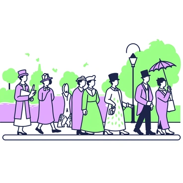 A group of Victorian-era people is strolling along a riverside promenade. Men are dressed in top hats and tailcoats, while women wear long, flowing dresses with intricate patterns and hats adorned with feathers. Some individuals are holding parasols as they walk. The riverside is lined with trees and lampposts. Among the living, there are ghostly figures that seem to blend into the scene, with faint outlines and a translucent appearance. These figures are mingling with the crowd, creating an otherworldly atmosphere. In the background, the river flows gently, reflecting the faint silhouettes of the figures and the people.