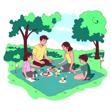 A teal picnic blanket is spread out on the grass in a park, surrounded by lush green trees. A family of four is enjoying their picnic, with two adults and two children sitting on the blanket. Two small white flags are staked into the ground around the blanket, adding a festive touch to the scene. The adults are smiling and holding sandwiches, while one child is pouring orange juice into glasses, and the other child is reaching for a plate of colorful fruits placed on the blanket. The sunlight filters through the leaves, casting playful shadows on the grass.