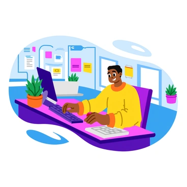 A friendly avatar with bright colors and a cheerful expression is sitting in a modern, stylized office space. The avatar has large, expressive eyes and a welcoming smile. In front of the avatar, there is a computer screen displaying a chat interface with text bubbles. The avatar's hands are positioned as if typing on the keyboard. Around the office, there are various playful decorations, such as potted plants and colorful posters on the walls. Soft, ambient light creates a vibrant atmosphere in the scene.