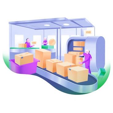 A factory interior featuring a conveyor belt actively sorting packages. The conveyor belt is lined with various-sized cardboard boxes, each clearly labeled with distinct numbers indicating priority. In the background, workers are monitoring the process, ensuring the packages are correctly sorted. The scene includes bright overhead lighting illuminating the workspace and vibrant colors of the boxes to enhance the visual depth.