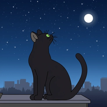A sleek, black cat with bright green eyes sits on a high rooftop, gazing up at the stars. The cat's ears are perked up, and its whiskers twitch as it leans forward, as if sharing secrets with the twinkling stars above. The night sky is clear and filled with countless sparkling stars. The moon shines brightly, casting a soft glow on the cat's fur. Below, the silhouette of a quiet city can be seen, with faint outlines of buildings and trees. The atmosphere conveys a sense of wonder and magic, as the cat appears to be deeply engaged in its whispered conversation with the cosmos.