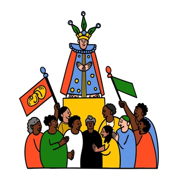 A fantastical king with light skin and a majestic, unusual crown made of shimmering crystals is standing proudly on a raised platform. He is wearing a richly decorated robe adorned with intricate patterns and vibrant colors. His loyal subjects, a diverse group of men and women with various skin tones, are gathered around him, looking up at him with admiration. Some subjects are holding banners featuring colorful designs, while others are wearing traditional garments that reflect their heritage. The scene conveys a sense of harmony and loyalty among the king and his subjects.