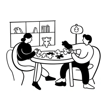 A couple sitting at a wooden table, closely working together on a large jigsaw puzzle spread out before them. The pieces of the puzzle are various shapes and sizes, partially assembled, with a picture of a scenic landscape visible. A warm glow emanates from a nearby lamp, casting soft light on the table and illuminating the puzzle pieces. In the background, there are shelves filled with books and a comfortable sofa, contributing to a cozy home atmosphere.