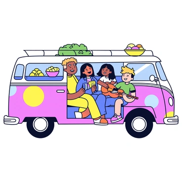 A cheerful family is sitting inside a colorful Volkswagen van. The van has a retro design with colorful patterns on the exterior. Inside, there are four family members: a father with a big smile, a mother laughing, a young girl holding a bag of chips, and a teenage boy playing a guitar. Everyone is singing together with joyful expressions. There are snacks scattered on the seats, including a bowl of popcorn and a fruit platter. The van's windows are open, and you can see a blue sky and green trees outside.