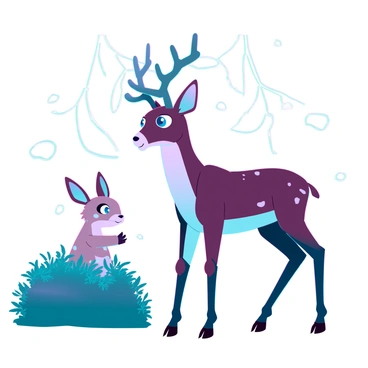 A small, furry creature with large eyes and oversized ears is peeking out from behind a bush. It has a light brown coat with white spots and a tiny nose. In front of it, a larger animal, a sleek, muscular deer with a glossy dark brown coat, stands frozen in place. The deer has wide eyes and raised ears, expressing surprise and curiosity as it gazes down at the small creature. Sunlight filters through the leaves above, casting dappled shadows on the ground, enhancing the moment of unexpected interaction between the two animals.