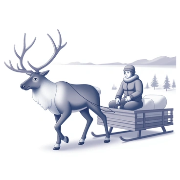 A reindeer with large antlers is harnessed to a wooden sled. The sled is filled with blankets and supplies, and a bundled-up traveler sits securely on top. The traveler is wearing a thick, fur-lined coat, a hat, and gloves, with only their eyes visible. In the background, the tundra stretches out, featuring low, snow-covered hills with a few sparse trees. The sky above is clear, enhancing the cold, crisp atmosphere of the scene.