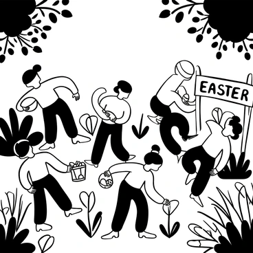 Children in playful attire bending down among vibrant flowers and greenery, searching for hidden eggs. Some children are holding small baskets filled with colorful eggs, while others excitedly point to the spots where they believe the eggs might be. Sunlight filters through the leaves, casting dappled shadows on the ground, and a variety of plants create a rich backdrop. "Easter Egg Hunt" is written in decorative letters on a wooden signpost at the edge of the garden.