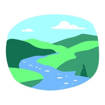 A duotone illustration features rolling hills in a vibrant green color, shaped smoothly with soft curves. In the foreground, a gentle brook flows through the landscape, reflecting the colors of the hills. The brook meanders, creating small ripples on the water's surface. Above, a clear sky stretches in a contrasting soft blue hue, displaying a few fluffy white clouds that drift lazily. The scene evokes a tranquil atmosphere, with the hills and brook harmoniously connected.