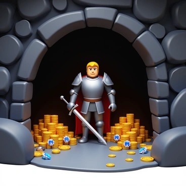 A brave knight wearing shining armor stands at the entrance of a dark cave. The knight is holding a sword in one hand and has a determined expression. Inside the cave, piles of glittering treasures are scattered around, including gold coins, sparkling jewels, and ornate artifacts. The cave walls are rough and rocky, illuminated by a faint glow reflecting off the treasures. The atmosphere suggests anticipation and danger, with shadows lurking in unseen corners.
